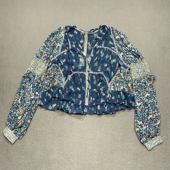 Anthropologie Sheer Babydoll‎ Blouse Blue Floral Size M Festival Boho Hippie NEW - Picture 2 of 11